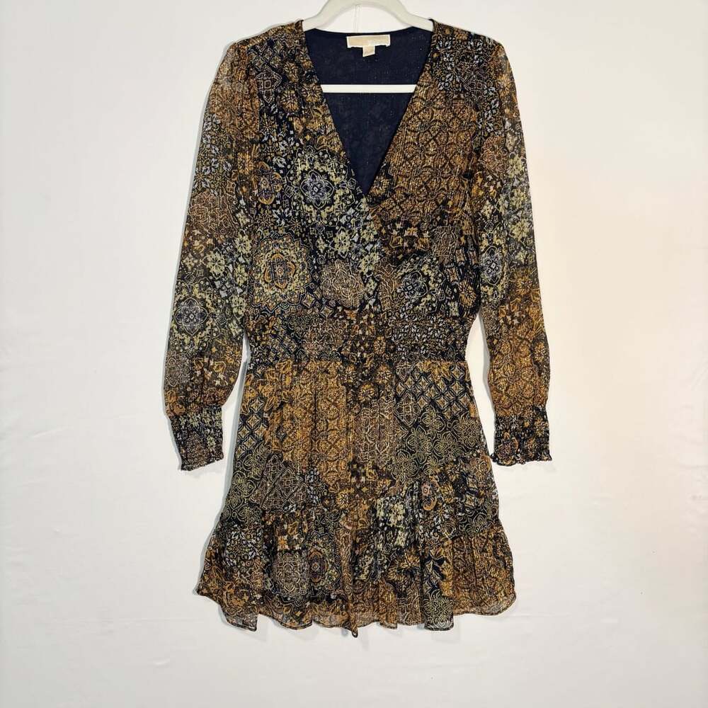 Michael Kors Black Gold Floral Metallic Chiffon Mini Dress V-Neck Long M